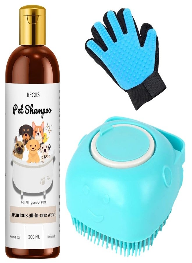 شامبو ريجليس للحيوانات الأليفة مع قفاز للتنظيف وفرشاة تدليك، غسول شامل بزيت نواة الدجاج والكيراتين، 200 مل، أزرق (عبوة من 3 قطع) - Image 1